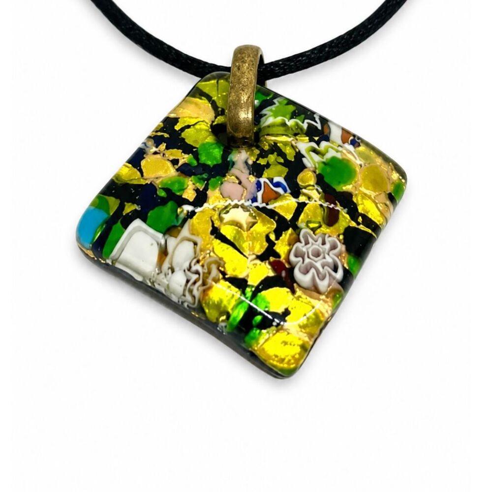 MURANO GLASS PENDANT Necklace Millefiori Gold Green Black Made Italy